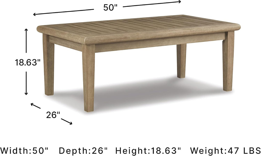 Signature Design by Ashley Wood Outdoor Coffee Table, Grayish Brown | Weather resistant eucalyptus wood, 5-step protective coating, Slatted top sheds rainwater, 50-in width, Gerianne Series