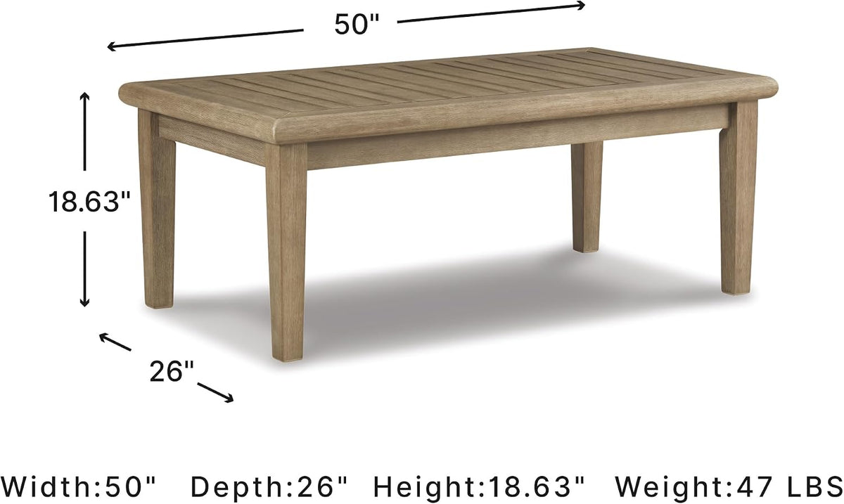 Signature Design by Ashley Wood Outdoor Coffee Table, Grayish Brown | Weather resistant eucalyptus wood, 5-step protective coating, Slatted top sheds rainwater, 50-in width, Gerianne Series