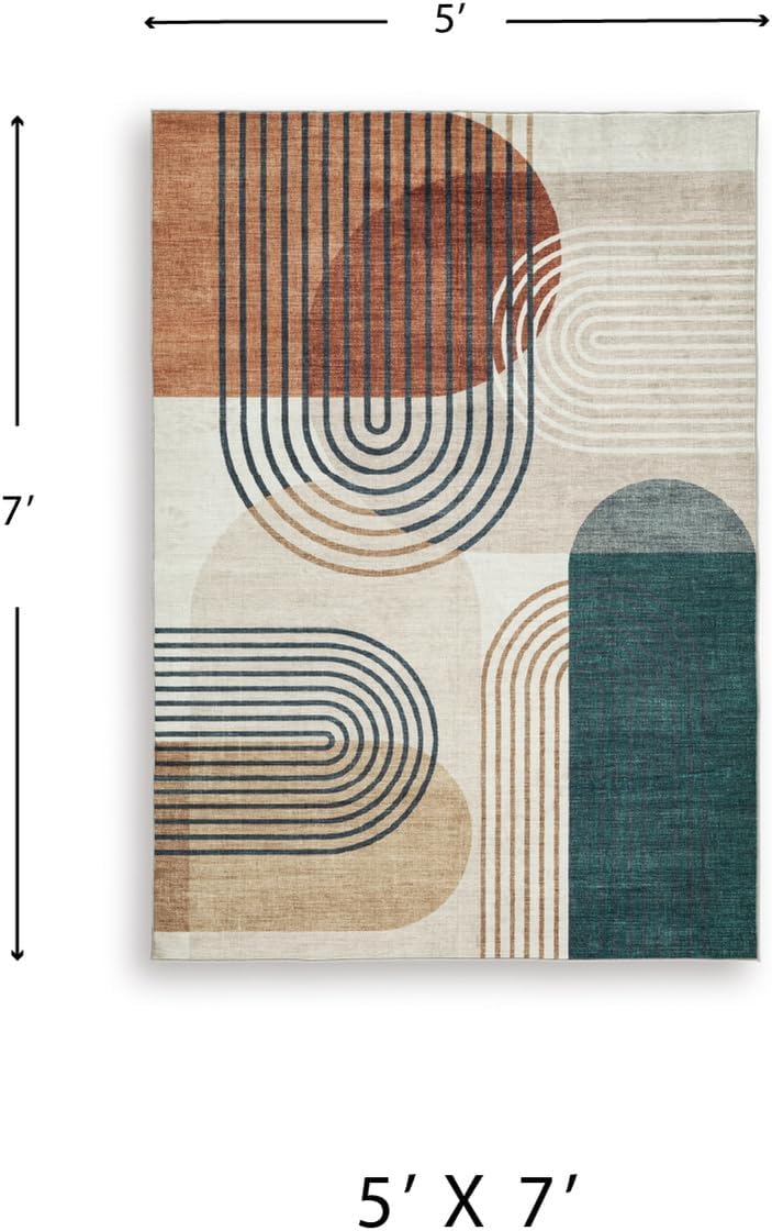 Signature Design by Ashley Washable Area Rug, Mid Century Modern 5x7 | 100% polyester faux fur, Bedroom and living room use, Farrendale Series