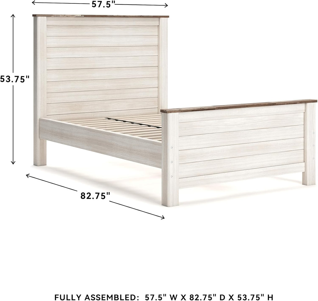 Signature Design by Ashley Coastal Wood Full Panel Bed, Whitewash | Durable engineered wood construction, Rustic whitewash finish, Includes headboard, footboard, and rails, Willowton Series