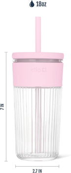 Ello Ava 18oz Glass Tumbler with Straw and Lid for Iced Coffee,Pink Orchard