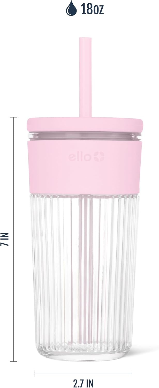 Ello Ava 18oz Glass Tumbler with Straw and Lid for Iced Coffee,Pink Orchard