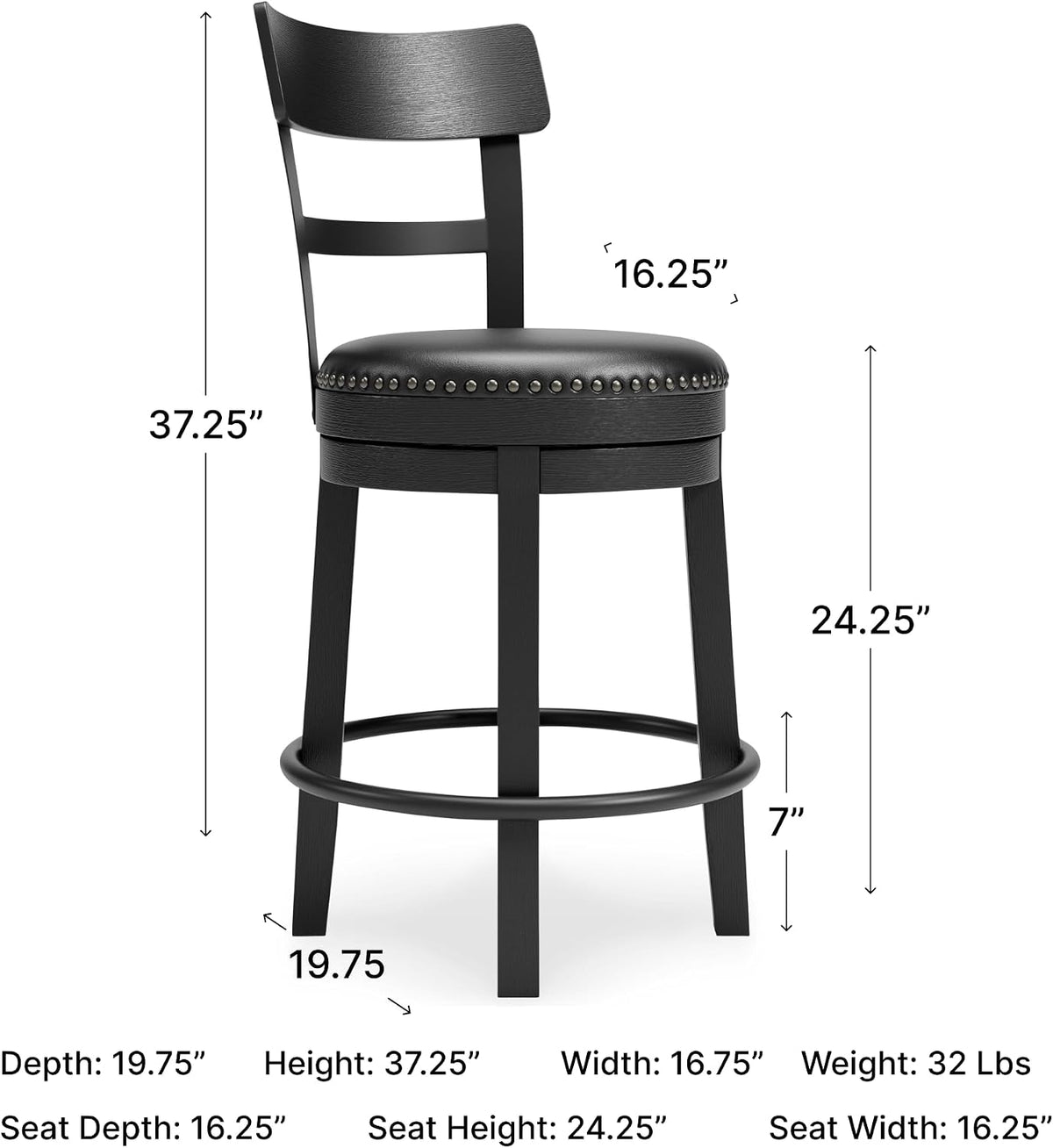 Signature Design by Ashley 1-Piece Counter Height Bar Stool, Black Swivel | Easy-clean leather and faux leather combination seat, Rustic farmhouse style with antiqued finish, Valebeck Series