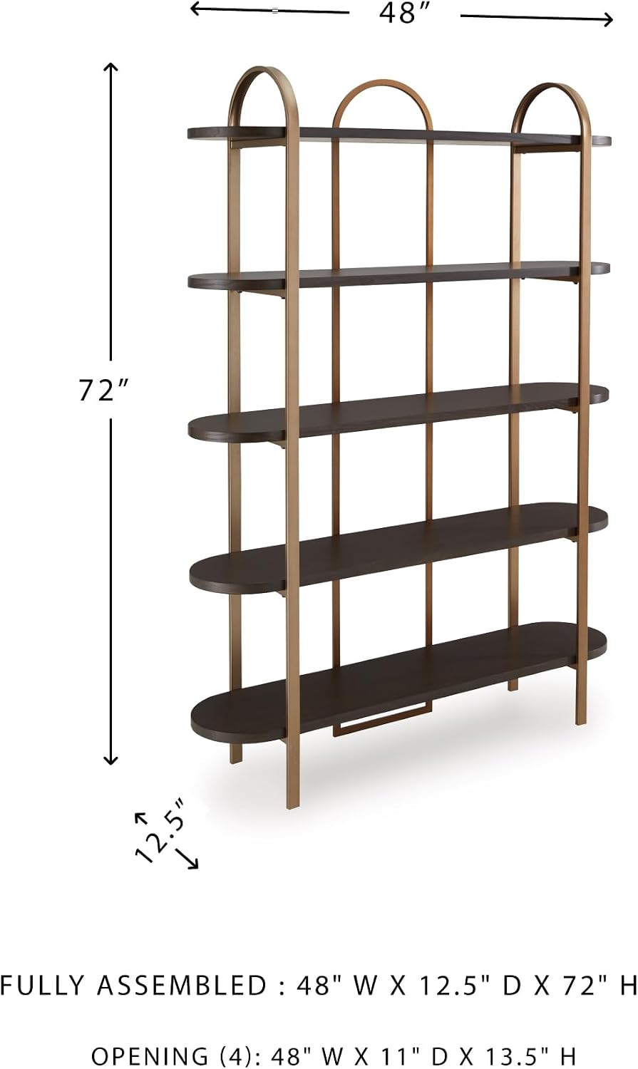 Signature Design by Ashley 5-Shelf Etagere Bookcase, Antiqued Gold | Antiqued goldtone metal frame, Ash veneer and engineered wood shelves, 48-inch wide open design, 72-inch height, Brentmour