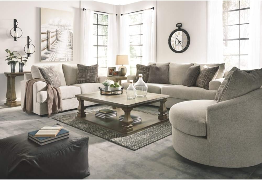 Signature Design by Ashley Soletren Oversized Swivel Accent Chair, Stone | Cozy 100% polyester chenille, Smooth 360-degree swivel base, Includes 2 geometric throw pillows