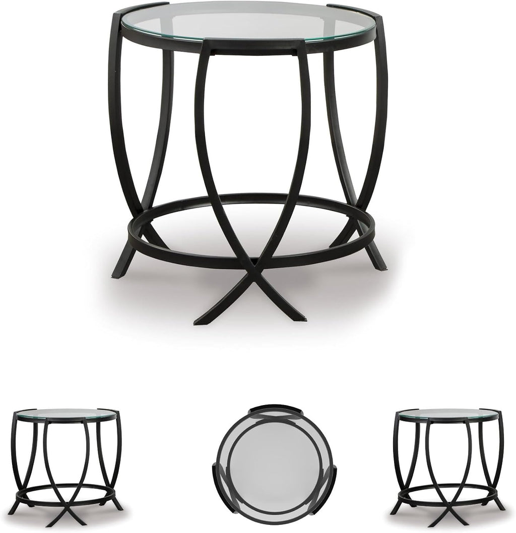 Signature Design by Ashley 3-Piece Glass Top Round Coffee Table Set, Black | Elegant beveled tempered glass, Modern arc-X metal frames, Space-saving Tarrin Series 3-piece set
