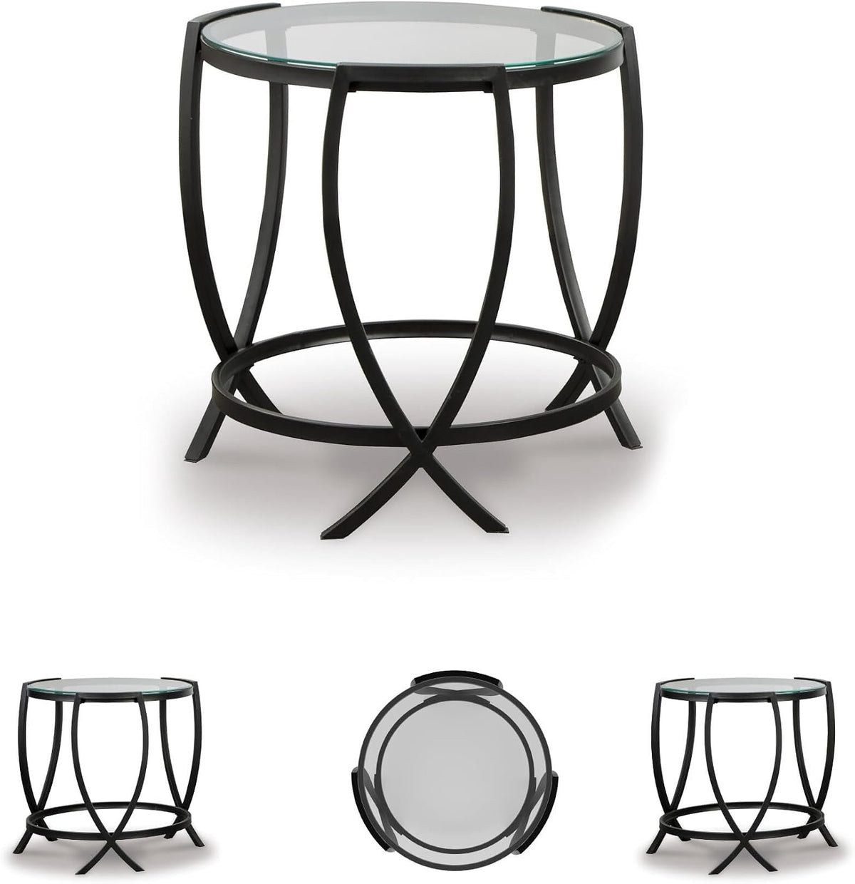 Signature Design by Ashley 3-Piece Glass Top Round Coffee Table Set, Black | Elegant beveled tempered glass, Modern arc-X metal frames, Space-saving Tarrin Series 3-piece set