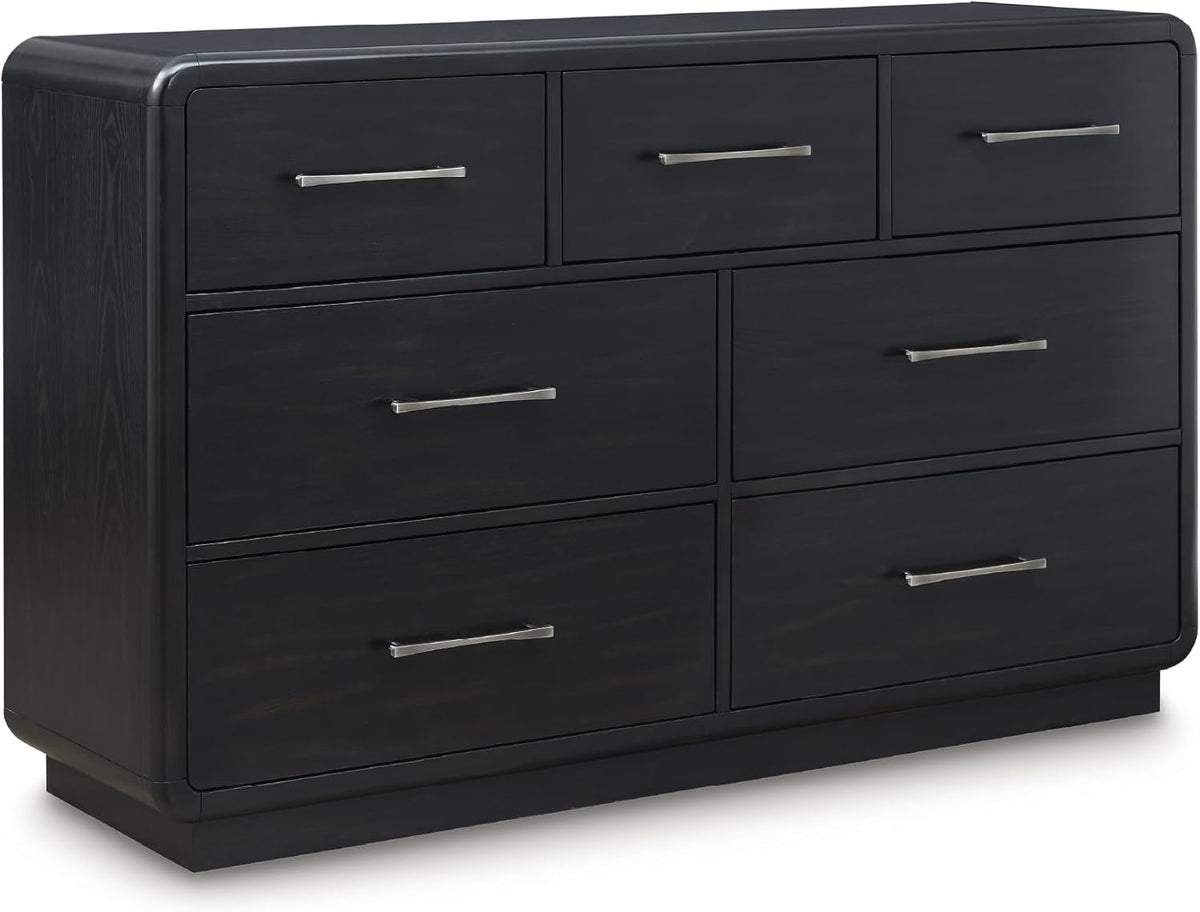 Signature Design by Ashley Rowanbeck Dresser, Black Wood 7 Drawer Chest for Bedroom, Hardwood Solids and Ash Veneer, Contemporary Storage for Master Suites, Black, 64" W