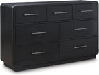 Signature Design by Ashley Rowanbeck Dresser, Black Wood 7 Drawer Chest for Bedroom, Hardwood Solids and Ash Veneer, Contemporary Storage for Master Suites, Black, 64" W