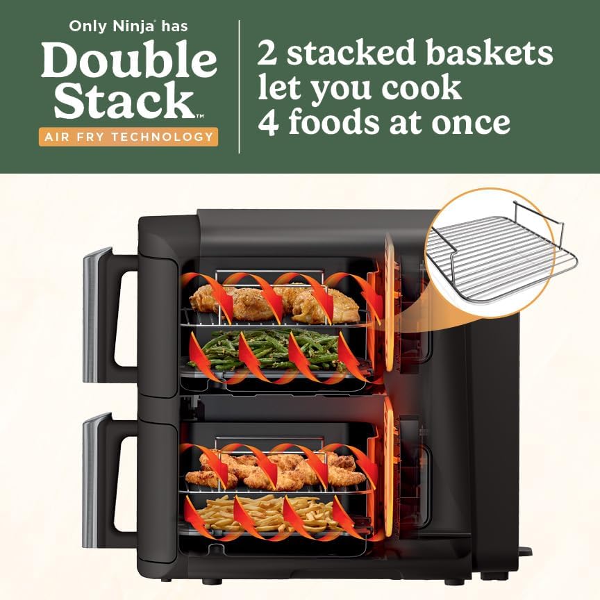 Ninja Air Fryer DoubleStack, 8 Qt, 6-in-1, Black, SL201 | Air fry, broil, roast, bake, reheat, dehydrate, Cooks 4 foods at once, Smart Finish, Match Cook