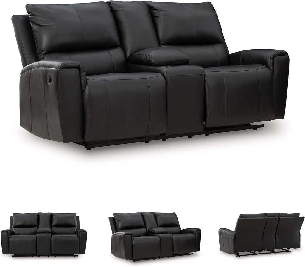 Signature Design by Ashley Leather Reclining Loveseat with Console, Black | Combination of leather and faux leather, Dual manual pull-tabs, Integrated center storage, Glassmere Series