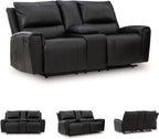 Signature Design by Ashley Leather Reclining Loveseat with Console, Black | Combination of leather and faux leather, Dual manual pull-tabs, Integrated center storage, Glassmere Series