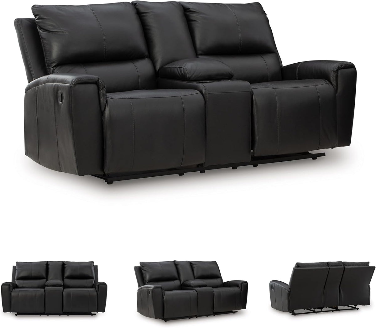 Signature Design by Ashley Leather Reclining Loveseat with Console, Black | Combination of leather and faux leather, Dual manual pull-tabs, Integrated center storage, Glassmere Series