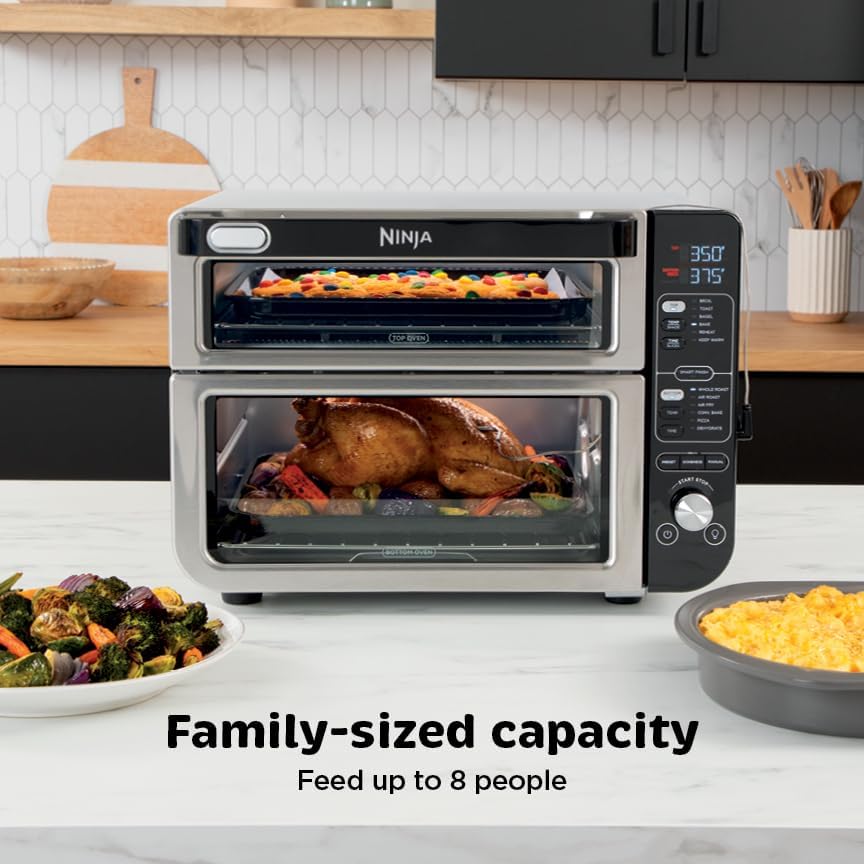 Ninja DCT451 12-in-1 Smart Double Oven with FlexDoor, Thermometer, FlavorSeal, Smart Finish, Rapid Top Convection and Air Fry Bottom , Stainless Steel | Smart Cook thermometer, FlavorSeal, Smart Finish, Air fry, bake, broil, roast, pizza