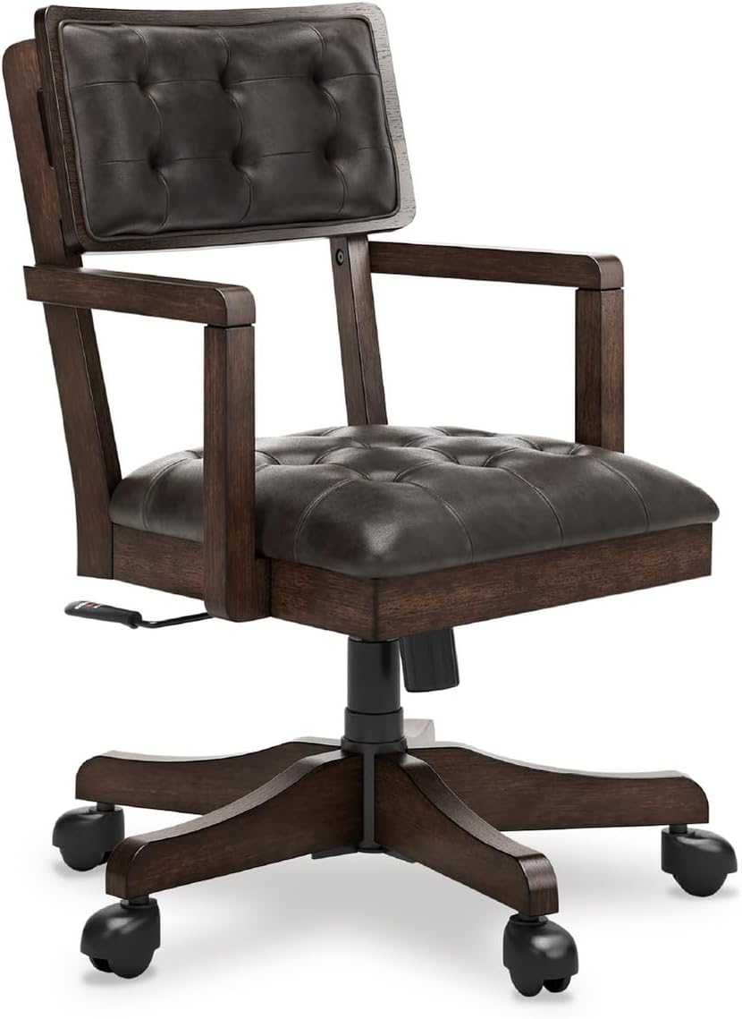 Signature Design by Ashley Wood Executive Desk Chair, Brown | Solid wood frame with a combination of leather and faux leather, Classic style for home workspaces, Breckington Series