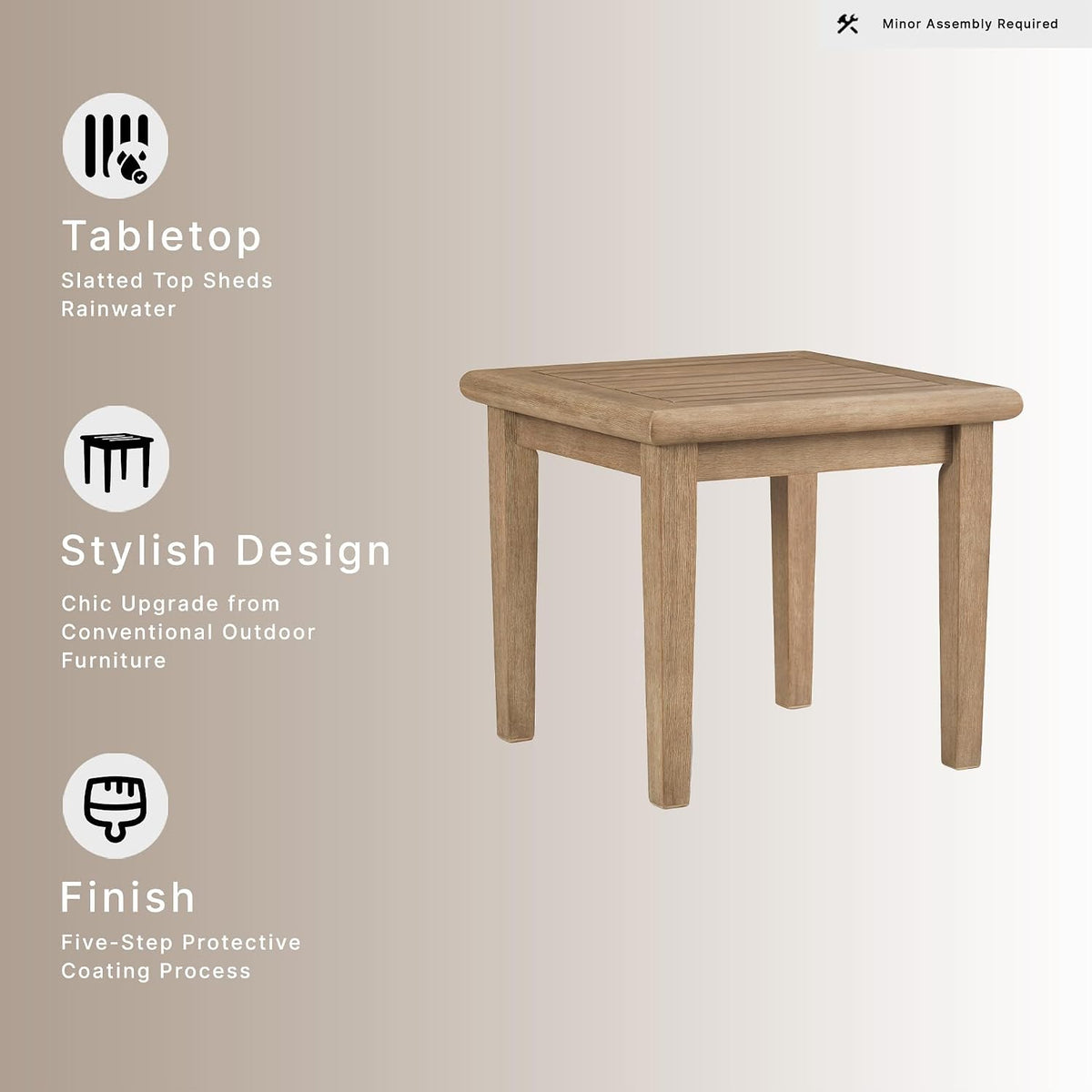 Signature Design by Ashley Gerianne Outdoor End Table, Eucalyptus Wood | Weather-resistant 5-step protective coating, Spacious 24-inch square slatted top, Sturdy 22-pound frame with tapered legs