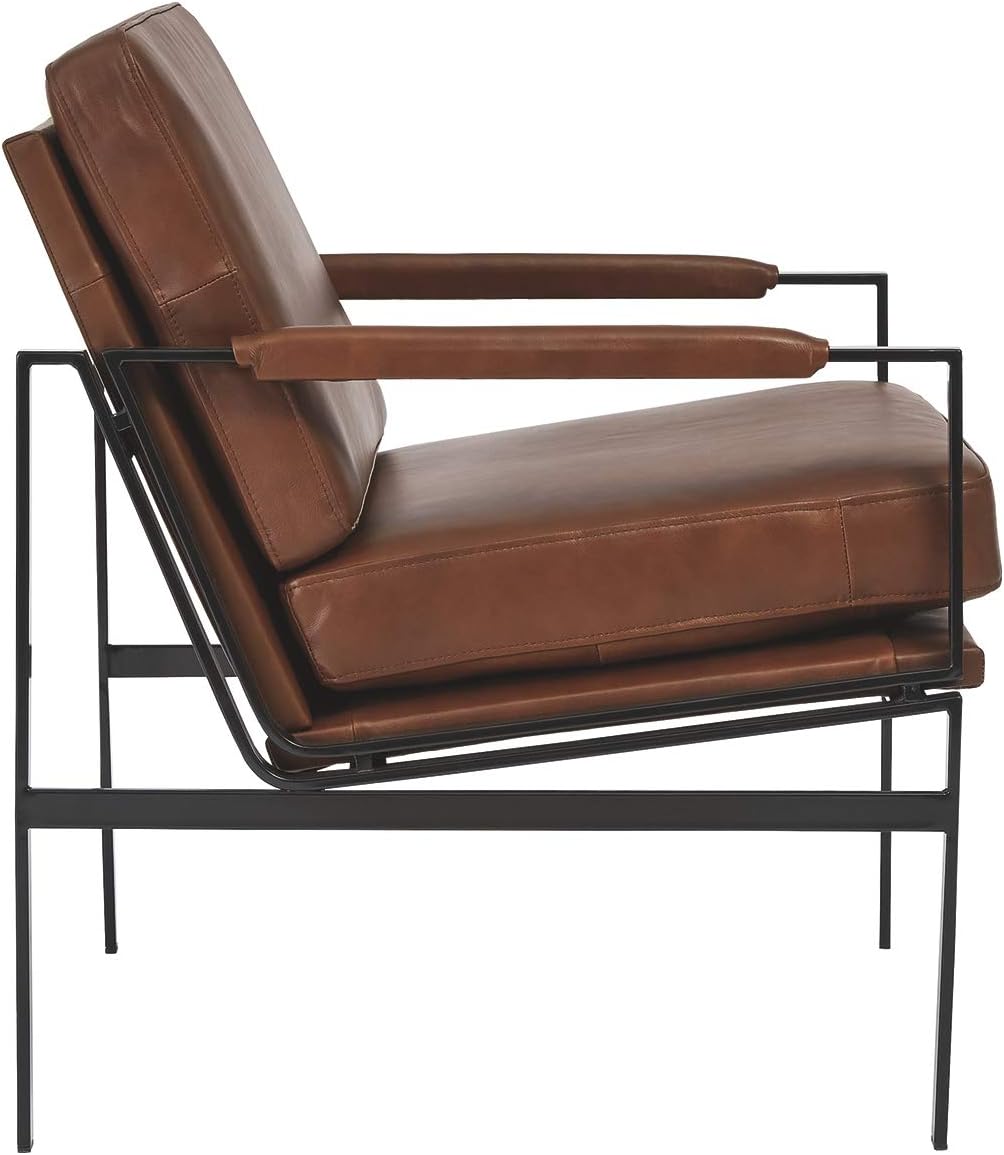 Signature Design by Ashley Puckman Accent Chair, Brown Leather Armchair | Leather and faux leather blend, Bronze-tone metal frame, 26-in wide seat, Upholstered track arms, Living room use