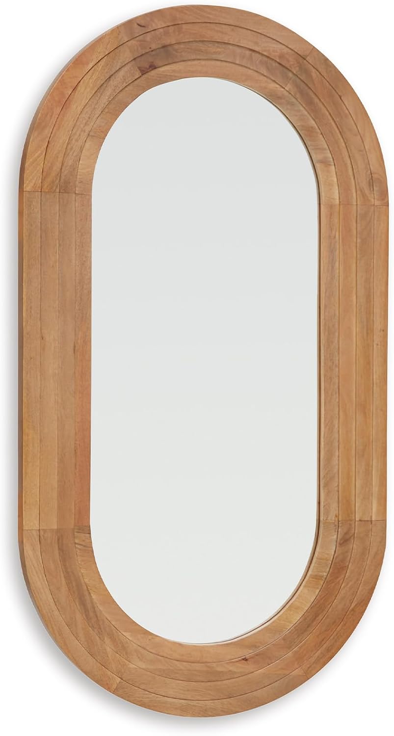 Signature Design by Ashley Large Oval Wall Mirror with Wood Finish Frame | Oval wood mirror crafted with mirrored glass, Light brown finish for vertical or horizontal hanging, Daverly Series