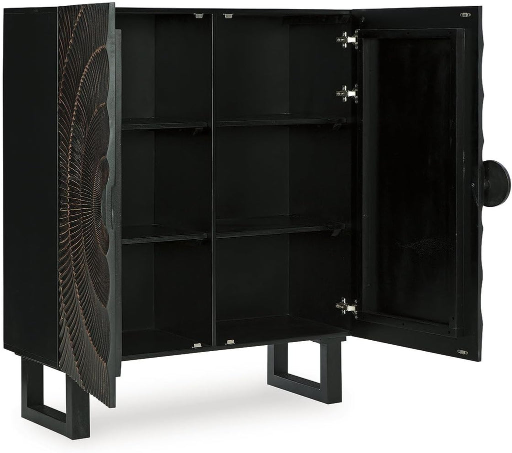 Signature Design by Ashley Fosterman Tall Sunburst Accent Cabinet, Black | Carved sunburst doors, Solid and engineered wood, 15-minute easy assembly, Storage credenza