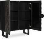 Signature Design by Ashley Fosterman Tall Sunburst Accent Cabinet, Black | Carved sunburst doors, Solid and engineered wood, 15-minute easy assembly, Storage credenza