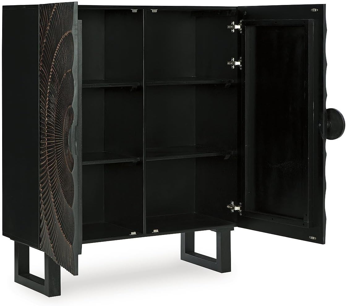 Signature Design by Ashley Fosterman Tall Sunburst Accent Cabinet, Black | Carved sunburst doors, Solid and engineered wood, 15-minute easy assembly, Storage credenza