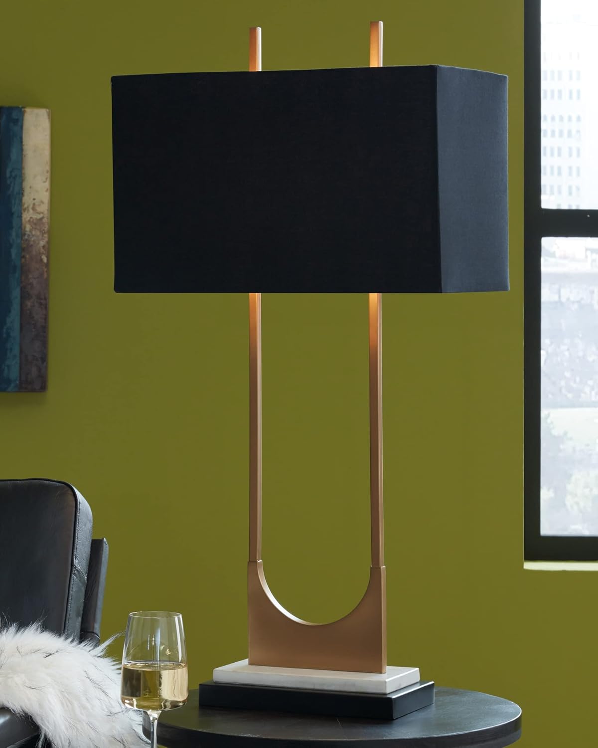 Signature Design by Ashley Table Lamp, Tall Modern Marble, Black and Brass | 32.75-inch open metal frame with brass-tone and black finish, White marble base with black fabric shade, Malana Series