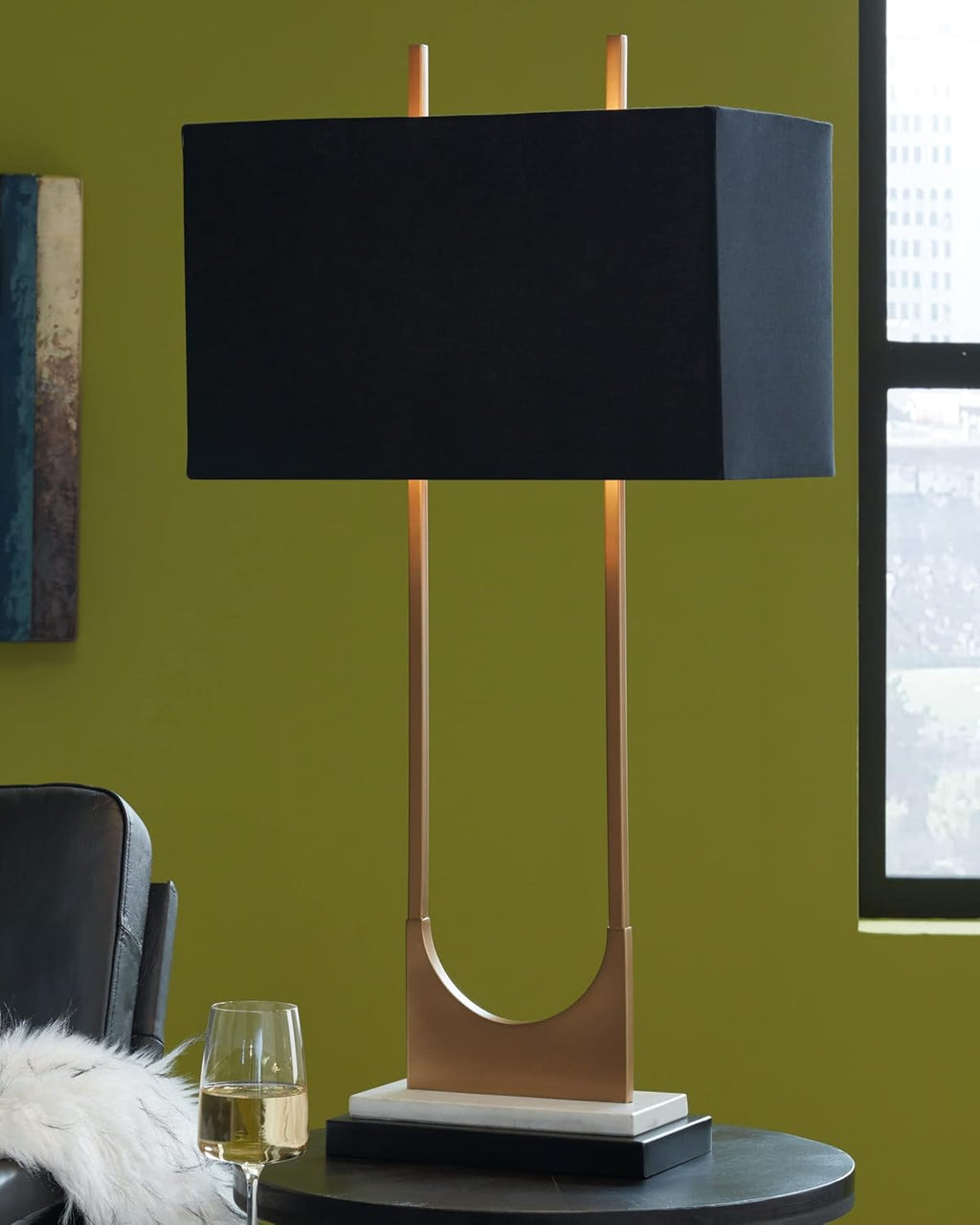 Signature Design by Ashley Table Lamp, Tall Modern Marble, Black and Brass | 32.75-inch open metal frame with brass-tone and black finish, White marble base with black fabric shade, Malana Series