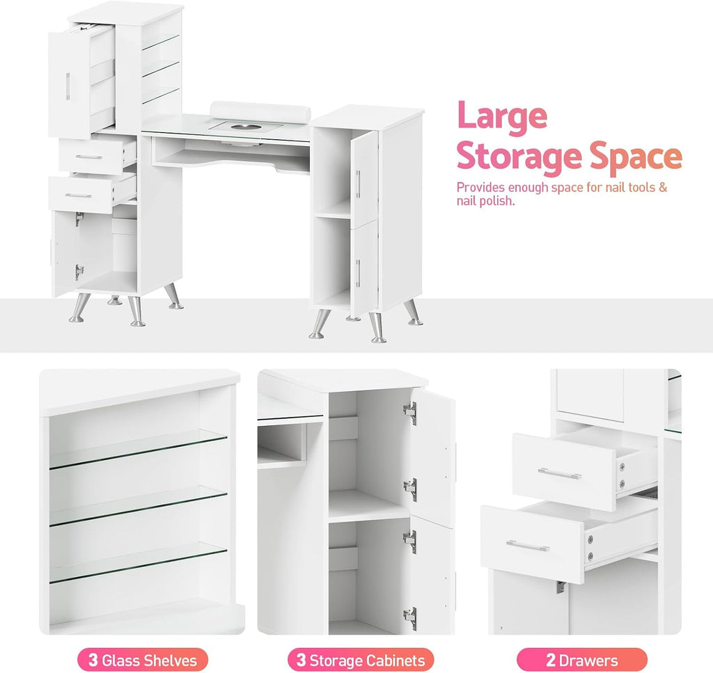 Nail Desk Tech Storage,Professional Manicure Desk Top Pull-Out with Glass Top, Dust Collector, 4 Dust Bags, Storage Drawers & Cabinets,8 Metal Legs Manicure Table