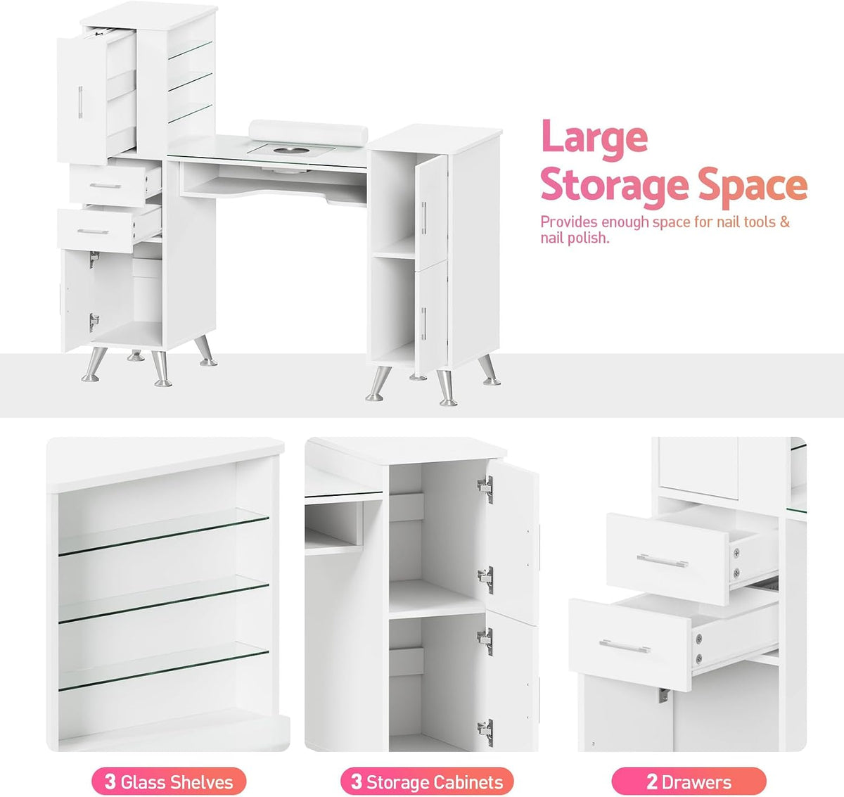 Nail Desk Tech Storage,Professional Manicure Desk Top Pull-Out with Glass Top, Dust Collector, 4 Dust Bags, Storage Drawers & Cabinets,8 Metal Legs Manicure Table