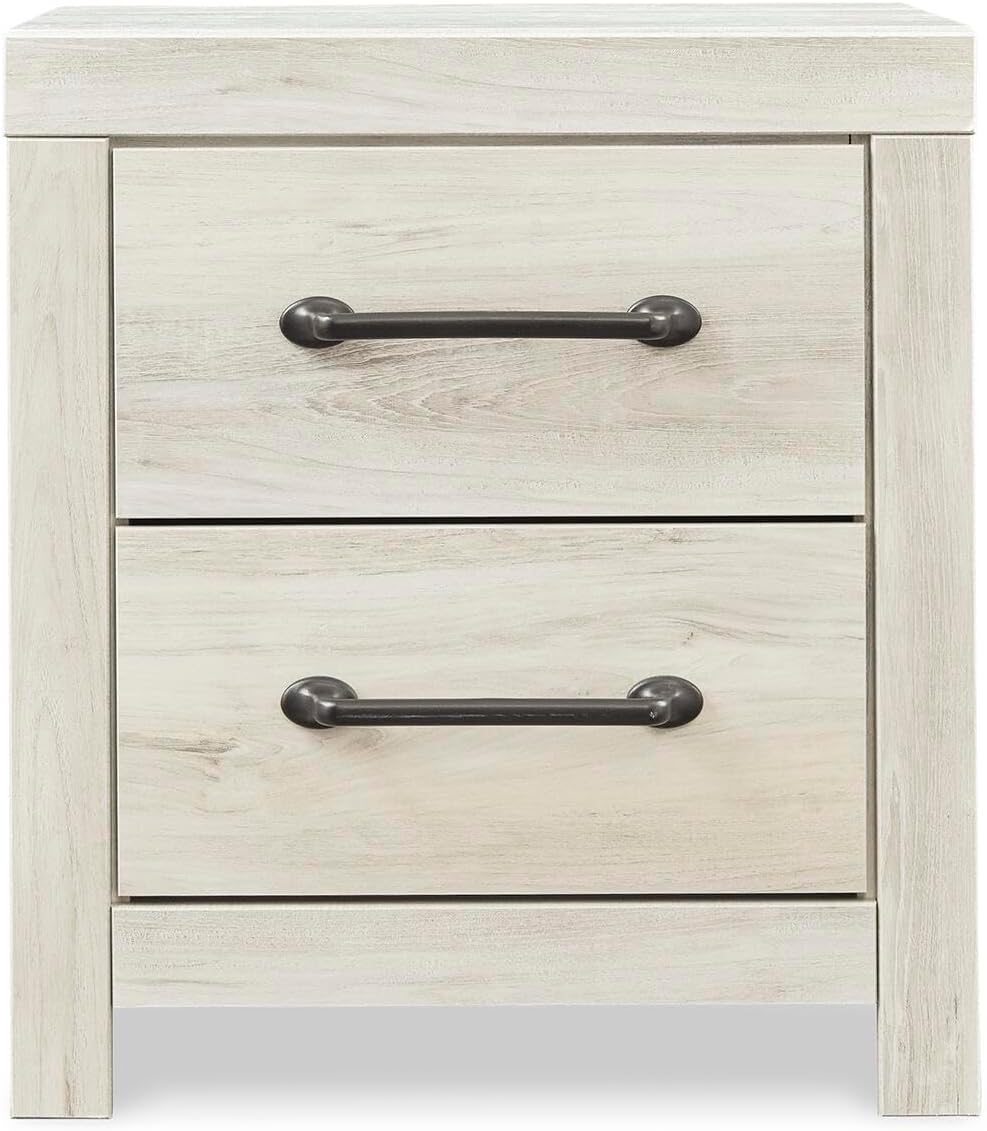 Signature Design by Ashley 2 Drawer White Nightstand with Charging Station | Engineered wood bedside table with dark elongated hardware, Faux linen drawer linings, 22"W x 16"D x 25"H, Cambeck Series