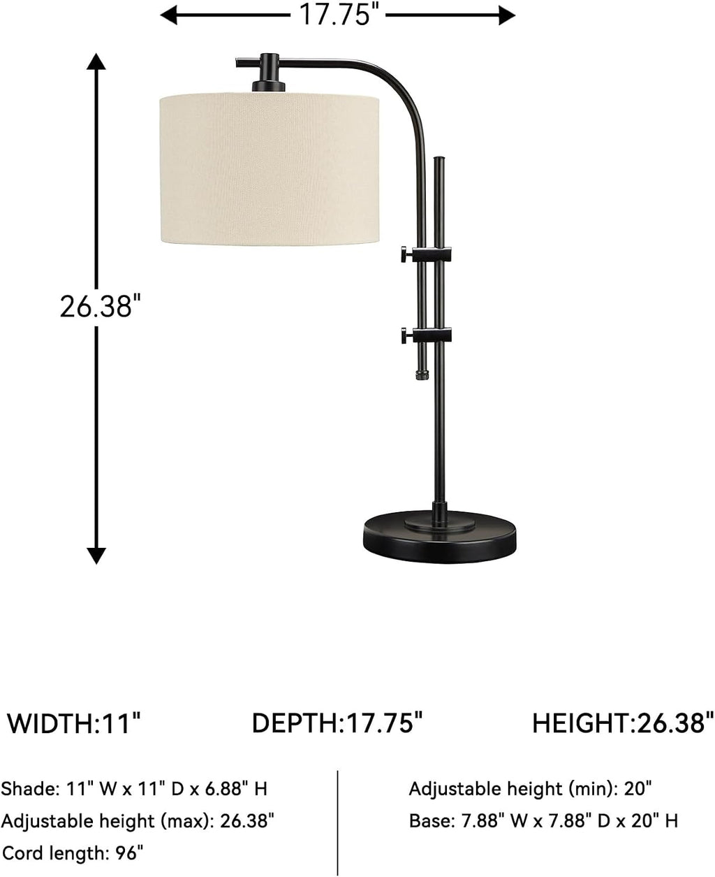 Signature Design by Ashley Baronvale Accent Table Lamp, Adjustable Black | Metal frame, White hardback fabric drum shade, Casual style, Living room or office use, Toggle switch