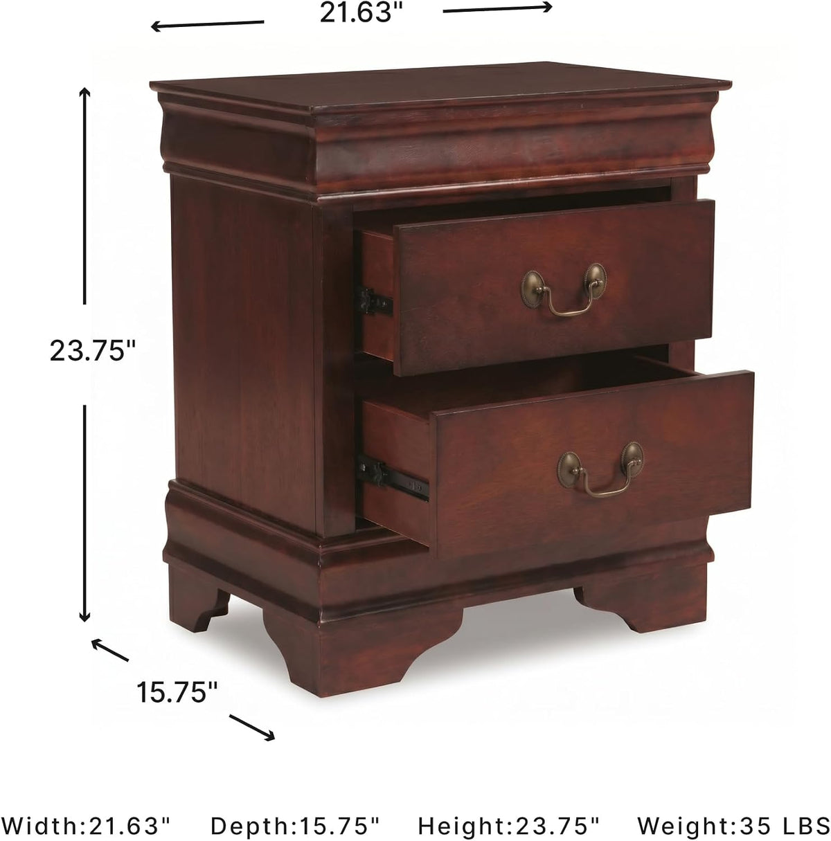 Signature Design by Ashley Alisdair 2 Drawer Nightstand, Reddish Brown | 21.63 in wide, Louis Philippe-style moulding, Metal slides beneath drawers, Antiqued bronze-tone pulls, Master bedroom use