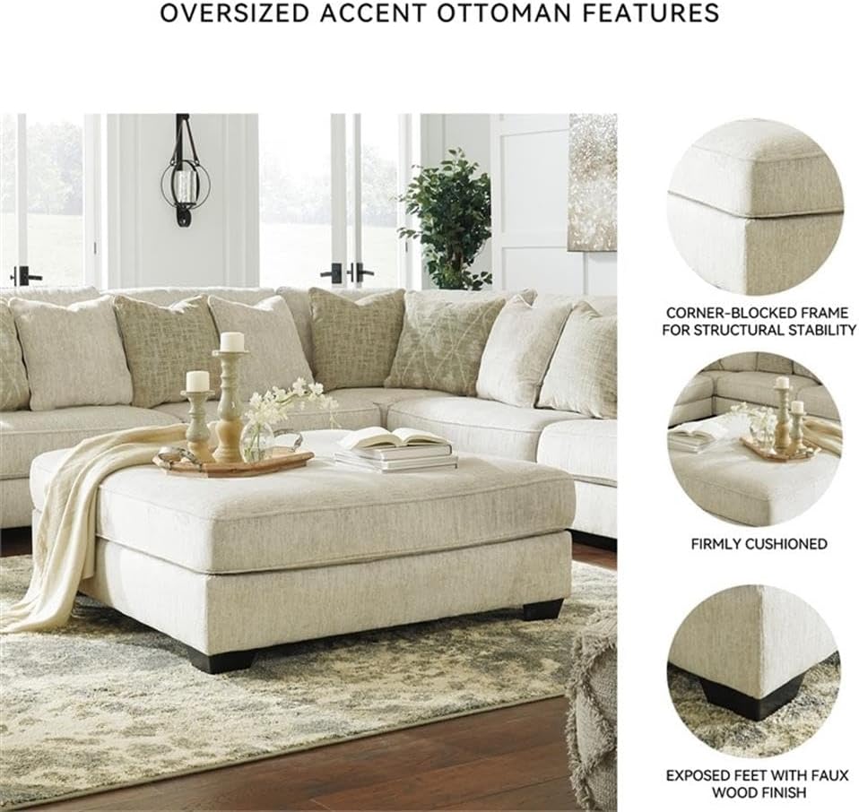 Signature Design by Ashley Oversized Square Ottoman Coffee Table, Beige | Beige chenille ottoman, 100% polyester upholstery, 51-inch dual-purpose footrest, Arrives fully assembled, Rawcliffe Series