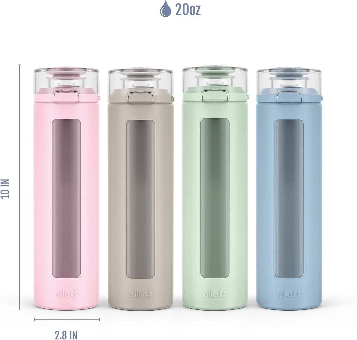 Ello Syndicate 20oz Glass Water Bottle with Flip Lid and Sleeve, Cashmere