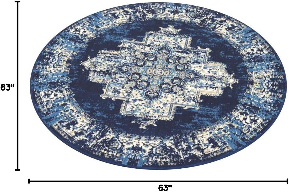 Nourison Home Grafix Navy Blue 5'3" x Round Area Rug - Easy Clean, Non Shedding, Bed Room, Living Room, Dining Room, Kitchen (5' x Round)