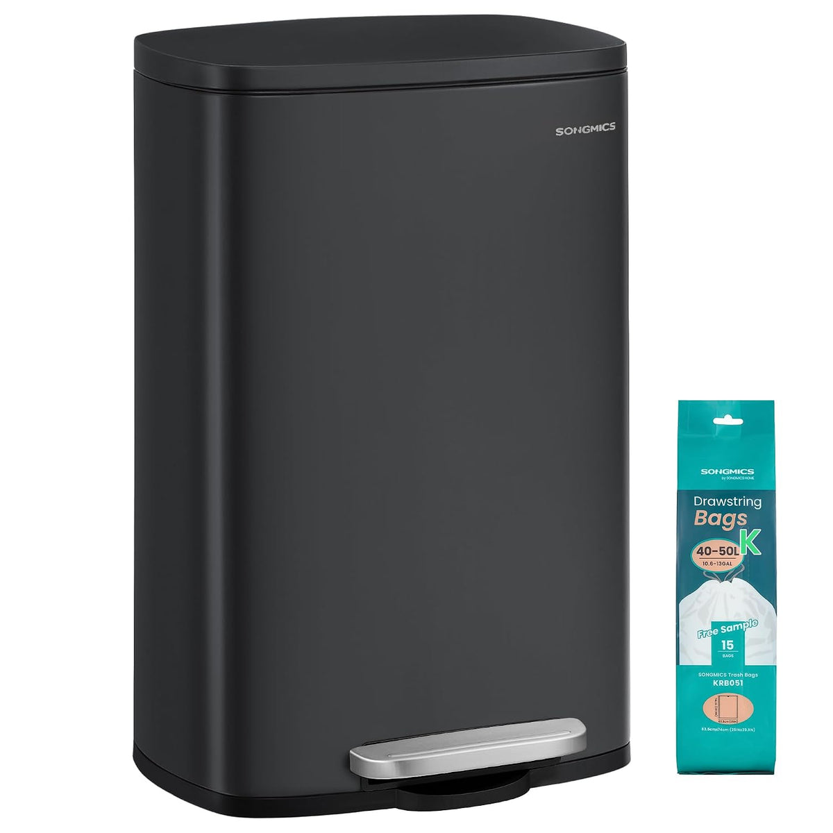 SONGMICS 13 Gallon (50 L) Trash Can, Stainless Steel, Step-On Pedal
