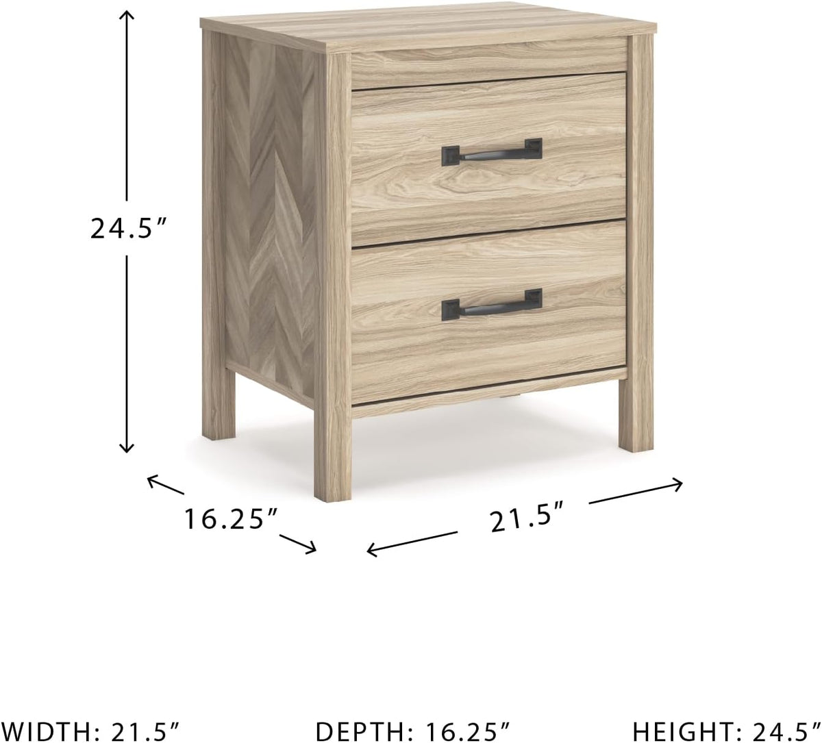 Signature Design by Ashley Battelle Nightstand, Mid Century Modern 2 Drawer Bedside Table, Engineered Wood Construction for Bedroom Storage, Light Oak Finish, 22 inches W
