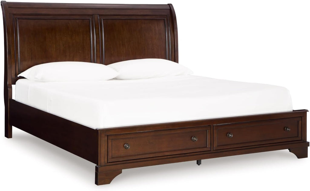 Signature Design by Ashley King Sleigh Storage Bed Frame, Brown | Hardwood solids, Select hardwood veneer and MDF substrate, King sleigh bed, Dark bronze-tone knobs, Trellington Series