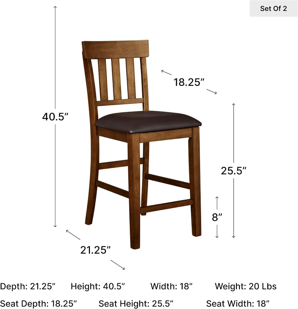 Signature Design by Ashley Counter Height Bar Stool, Set of 2, Slat Back | Wipe-clean faux leather cushion, Veneers, wood and engineered wood frame, 25.63-inch seat height, Ralene Series