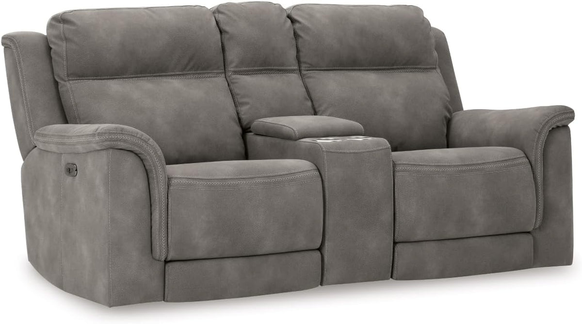 Signature Design by Ashley Power Reclining Loveseat Sofa with Console | Faux leather look, 15-minute assembly, Water-resistant DuraPella fabric, Zero-gravity reclining, Adjustable headrest