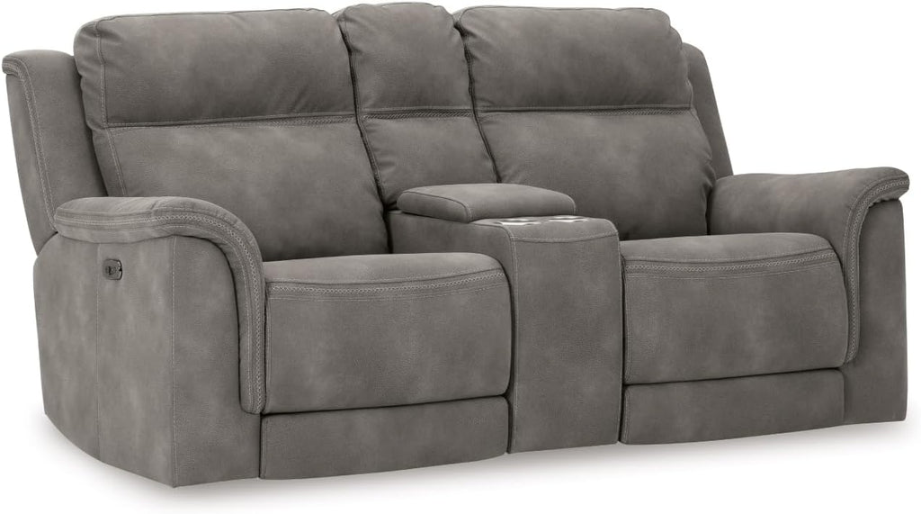 Signature Design by Ashley Power Reclining Loveseat Sofa with Console | Faux leather look, 15-minute assembly, Water-resistant DuraPella fabric, Zero-gravity reclining, Adjustable headrest