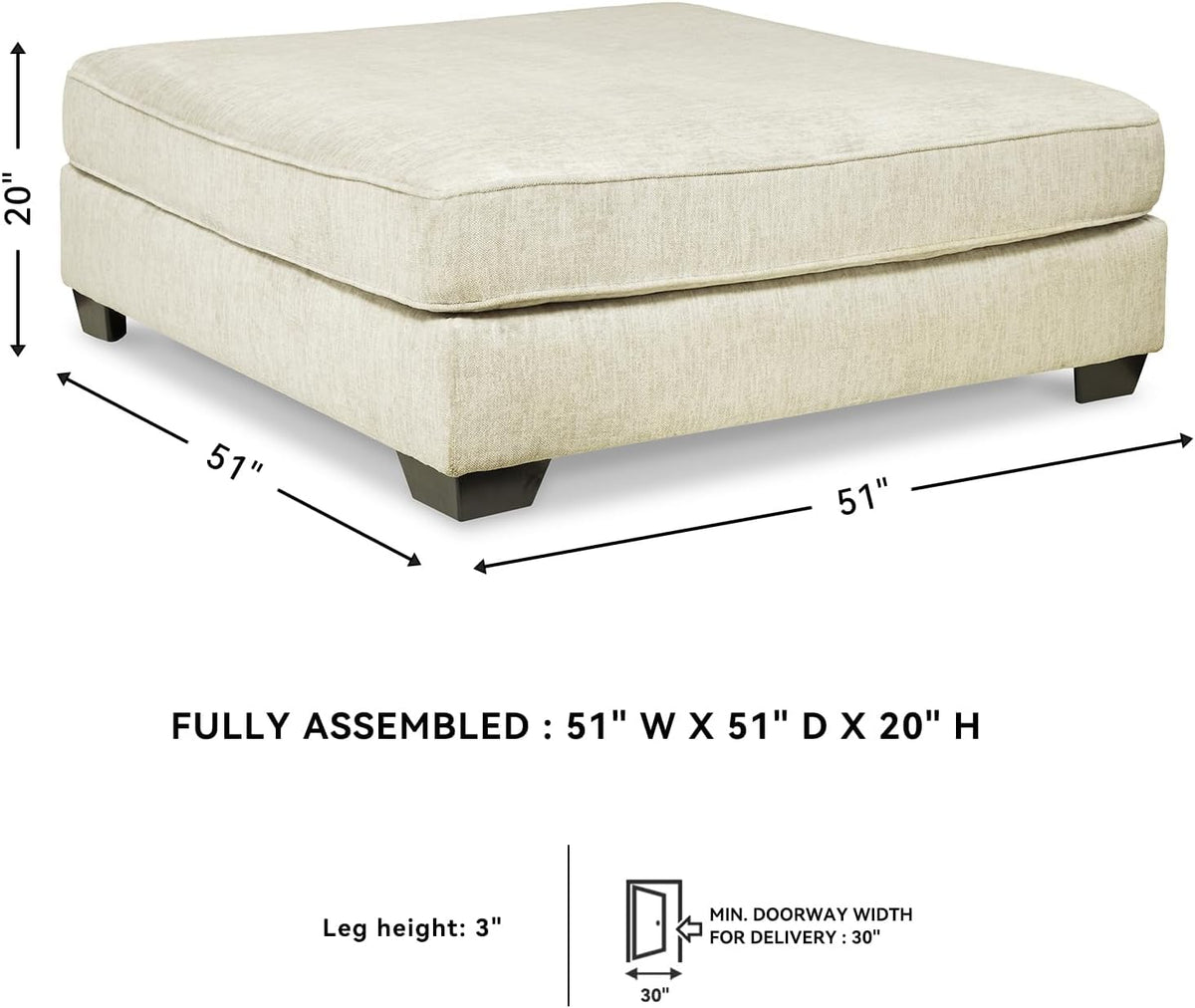 Signature Design by Ashley Oversized Square Ottoman Coffee Table, Beige | Beige chenille ottoman, 100% polyester upholstery, 51-inch dual-purpose footrest, Arrives fully assembled, Rawcliffe Series