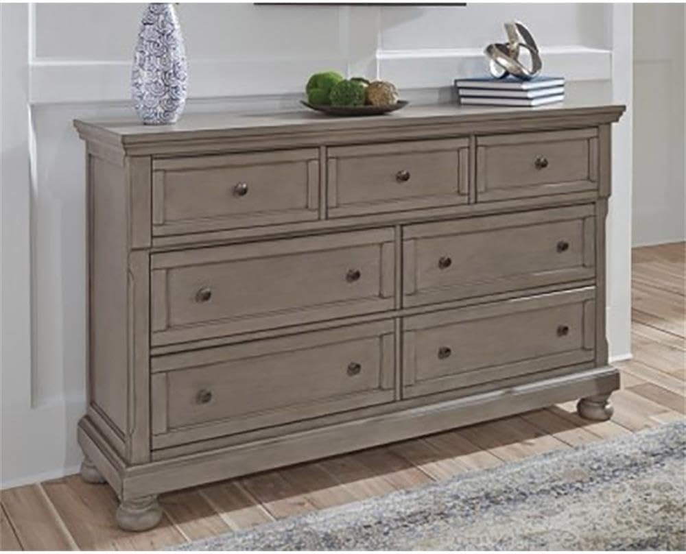 Signature Design by Ashley Lettner Dresser for Bedroom, 7 Drawer Burnished Gray Chest, 65-Inch Wide Traditional Style, Hidden Storage for Small Valuables, Light Gray