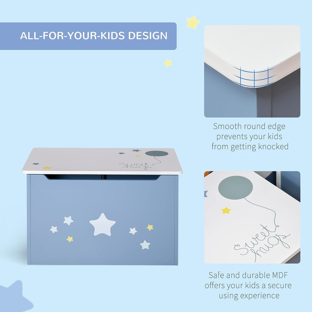 HOMCOM Kids Wooden Toy Box Storage Chest Side Handle Safety Hinge Blue
