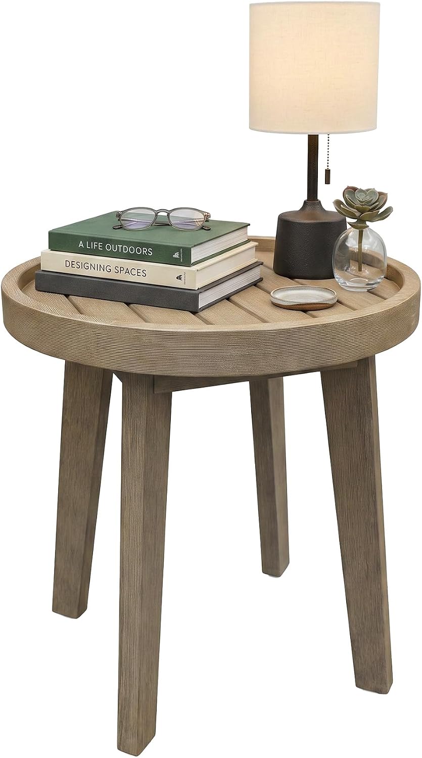Signature Design by Ashley Coastal Reef Round Outdoor End Table, Beige | Weather-resistant eucalyptus wood, Slatted tabletop for quick water drainage, 19-inch round accent table