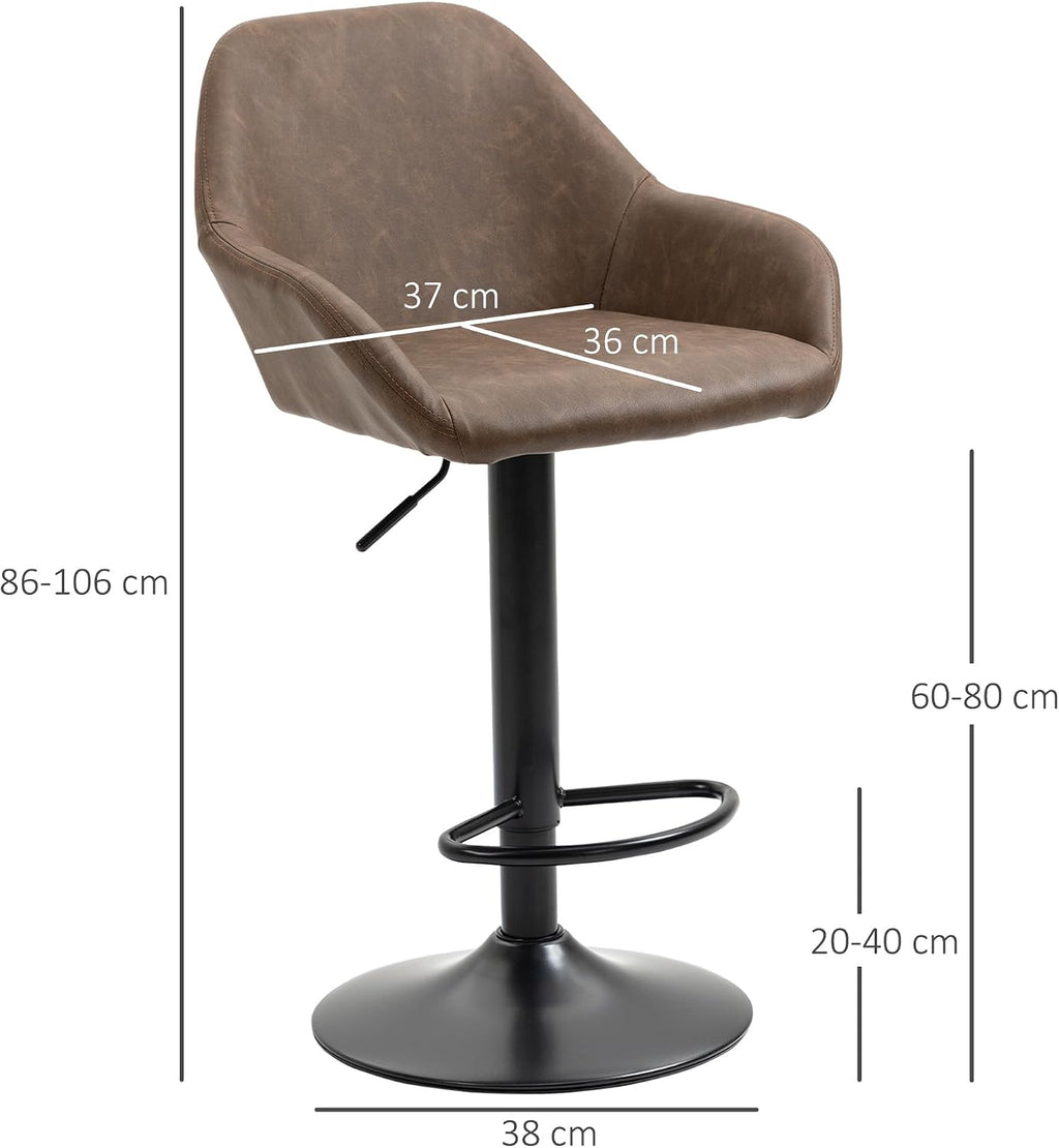HOMCOM Adjustable Bar Stools Set of 2, Swivel Barstools with Footrest and Backrest, PU Leather and Steel Base, for Kitchen Counter and Dining Room, Dark Brown