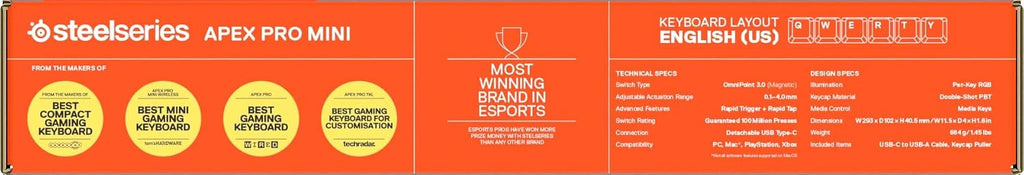 SteelSeries Apex Pro Mini Gen 3 Gaming Keyboard - 60 Percent Hall Effect Keyboard, Magnetic Keyboard with OmniPoint 3.0 Switches - Adjustable Actuation, Rapid Trigger, Rapid Tap/SOCD - English QWERTY