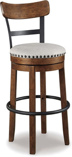 Signature Design by Ashley Valebeck Swivel Bar Stool with Back, 30 in | Wood & engineered wood, 360-degree swivel, Linen colored polyester, Rustic farmhouse style, 250 lb capacity