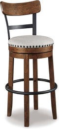 Signature Design by Ashley Valebeck Swivel Bar Stool with Back, 30 in | Wood & engineered wood, 360-degree swivel, Linen colored polyester, Rustic farmhouse style, 250 lb capacity