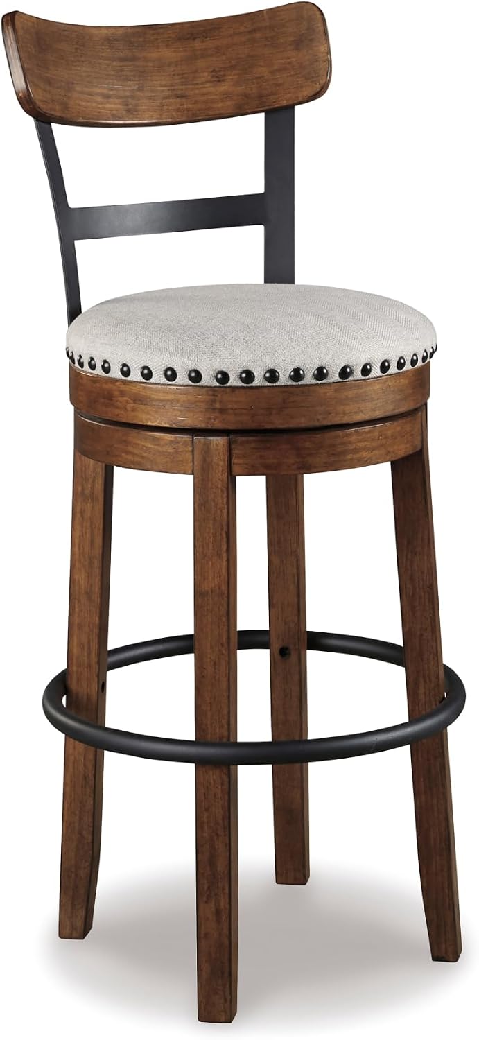 Signature Design by Ashley Valebeck Swivel Bar Stool with Back, 30 in | Wood & engineered wood, 360-degree swivel, Linen colored polyester, Rustic farmhouse style, 250 lb capacity